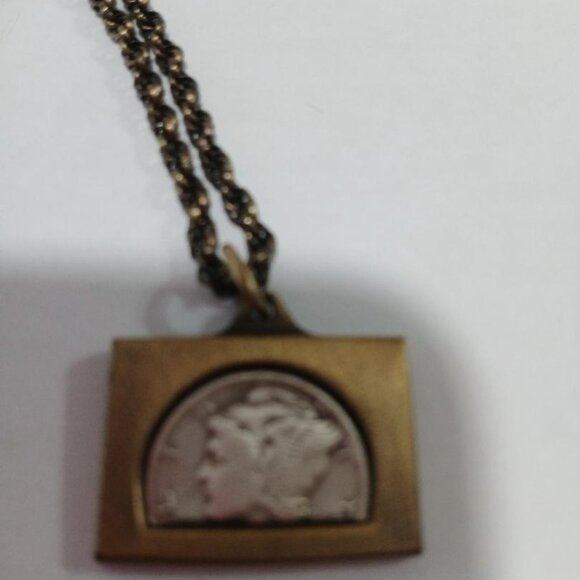Lady Liberty Dime Pendant antiqued 18kt yellow gold silver half coin chain NEW - Picture 1 of 4